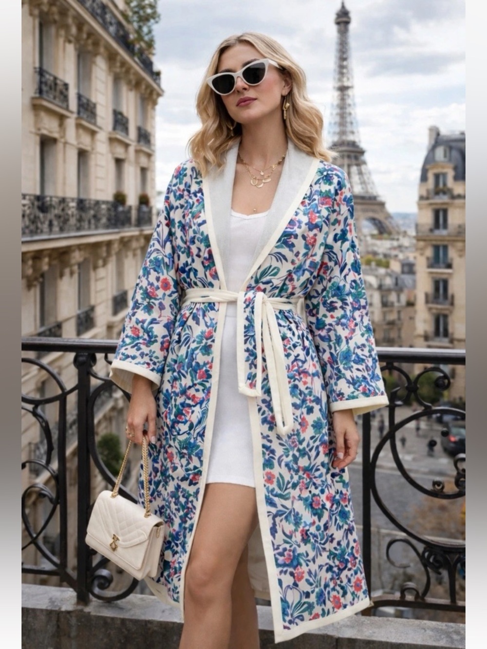 Tanya Taylor Jacket Womens M Reversible Wool‎ Blend Floral Belted Kimono Gray